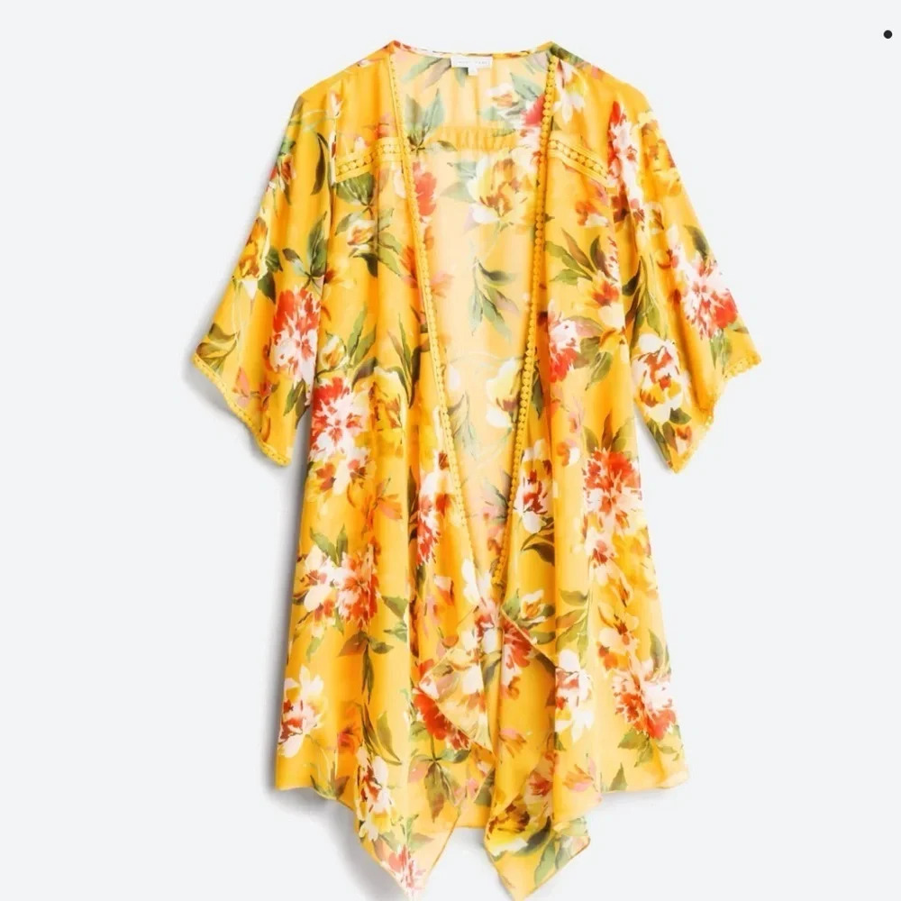 Emory Park‎ Landy Crochet Trim Yellow Floral Flower Print Kimono Size Medium